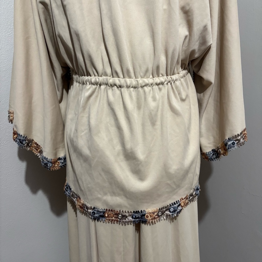 70s Union Made Beige Maxi Slip Dress Lace Detail Kaftan Style Cardigan Wrap Vtg - Picture 7 of 16